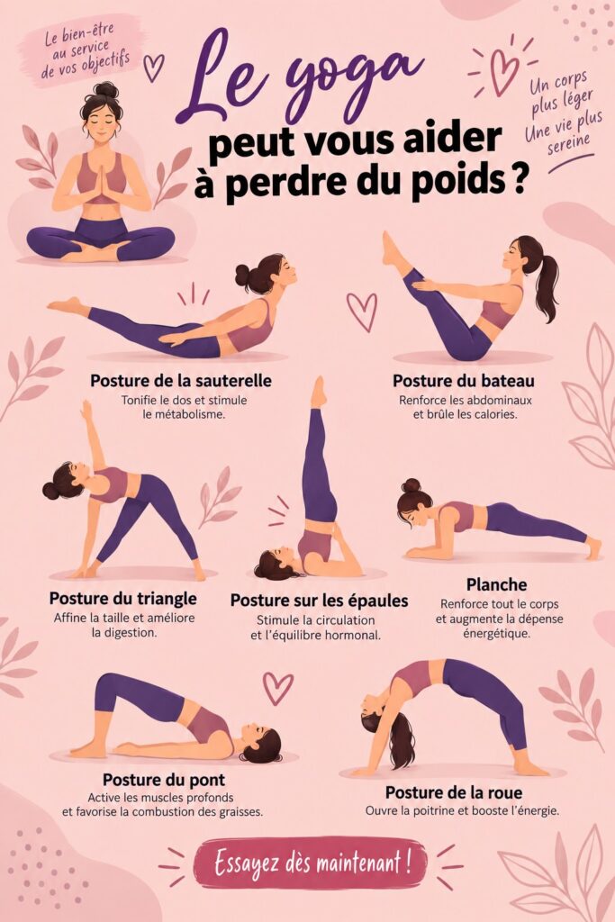 Femme pratiquant le yoga en studio, dans une posture de relaxation, illustrant les bienfaits du yoga pour la minceur.