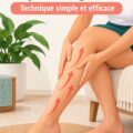 Femme pratiquant l'autodrainage lymphatique sur ses jambes, assise dans un cadre calme.