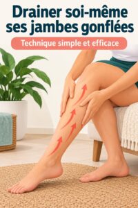 Femme pratiquant l'autodrainage lymphatique sur ses jambes, assise dans un cadre calme.