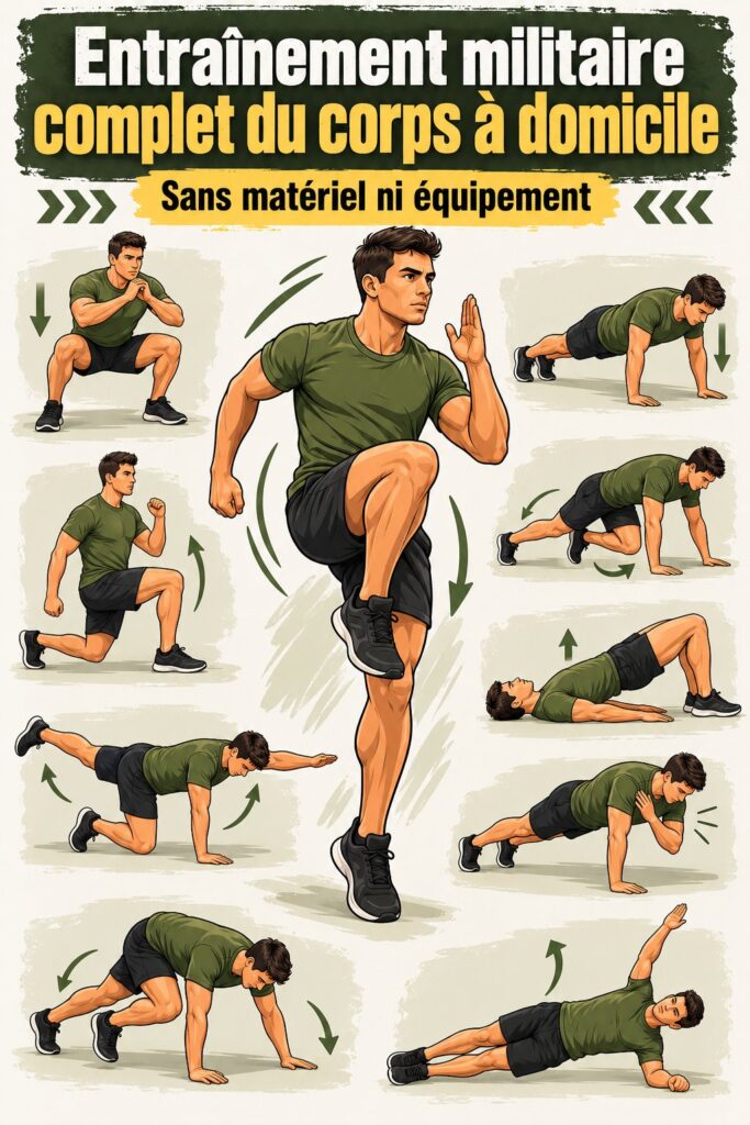 Une femme effectuant un entraînement militaire complet à domicile, sans équipement.