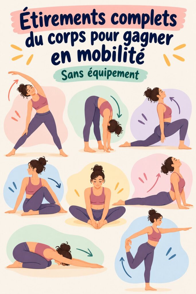Femme pratiquant des étirements complets du corps dans un cadre apaisant.