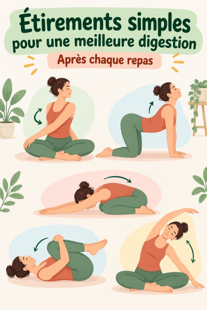 Femme pratiquant des étirements simples pour améliorer sa digestion dans un cadre apaisant.