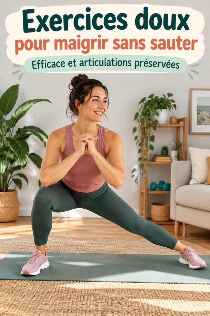 Exercice doux pour maigrir sans sauter, une femme pratiquant dans un environnement paisible.