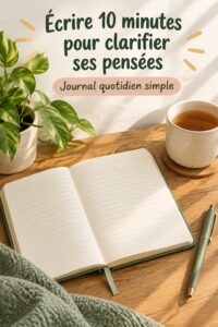 Femme écrivant dans son journal avec un café dans une atmosphère calme.