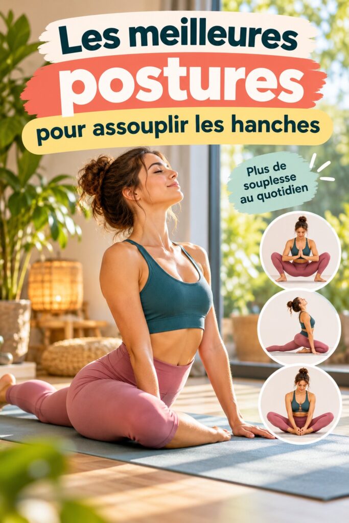 Femme pratiquant une posture de yoga pour assouplir les hanches, dans un cadre apaisant.