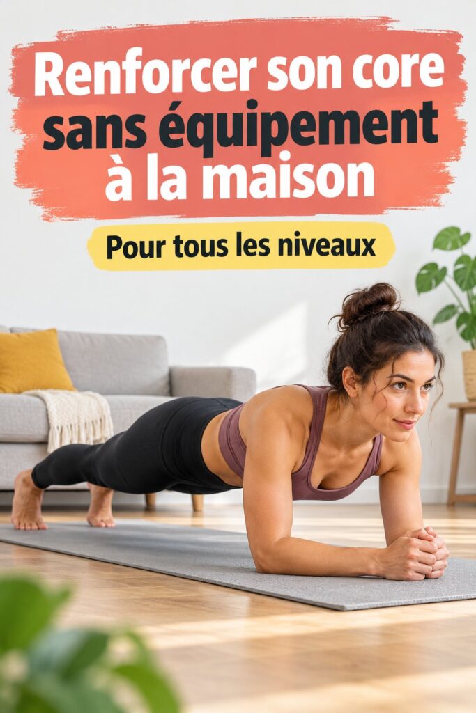 Femme en train de faire des exercices de core à la maison, sans équipement.