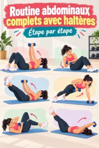 Femme faisant des exercices d'abdominaux avec haltères dans un intérieur lumineux.