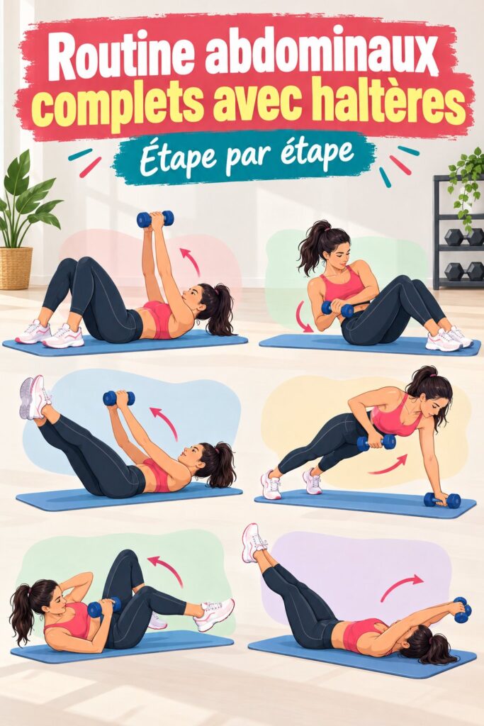 Femme faisant des exercices d'abdominaux avec haltères dans un intérieur lumineux.