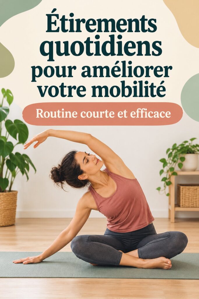 Femme s'étirant dans un salon, améliorant sa mobilité en pratiquant des étirements quotidiens.