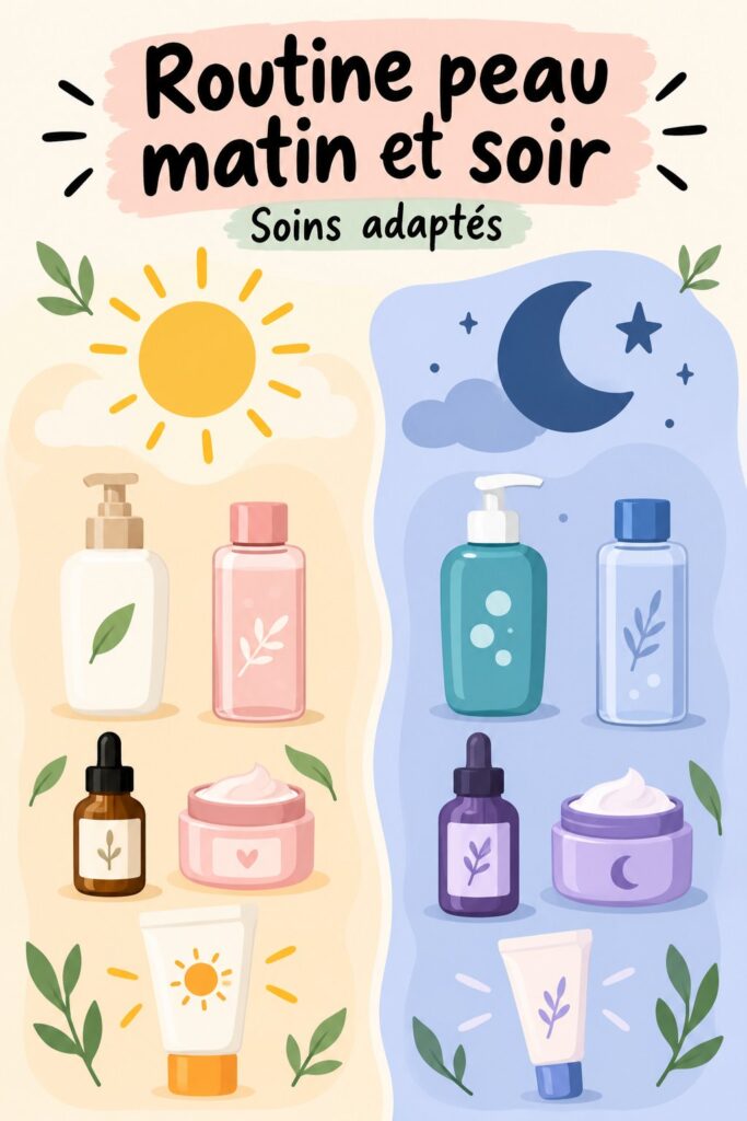 Femme appliquant des soins de la peau matin et soir, mettant en avant une routine beauté apaisante.