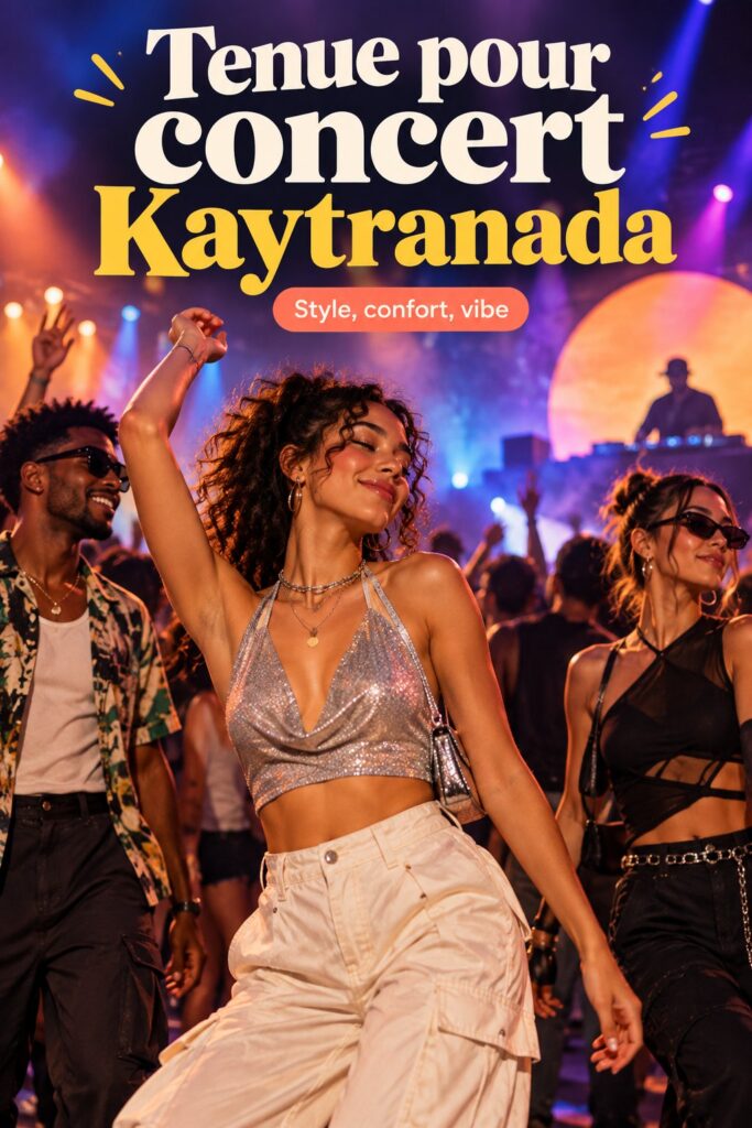 Femme portant une tenue stylée pour un concert de Kaytranada, avec des lumières de scène en arrière-plan.